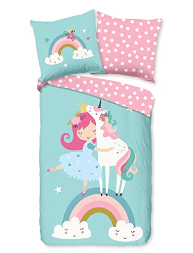 Soma Renforcé Pastell Kinder-Bettwäsche-Set 2 teilig Bettbezug 2tlg 135x200cm 80x80cm (Einhorn Regenbogen blau rosa) von Soma