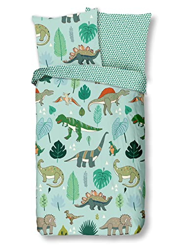 Soma Renforcé Pastell Kinder-Bettwäsche-Set 2 teilig Bettbezug 2tlg 135x200cm 80x80cm Dino Dinosaurier Mint Dreieck von Soma