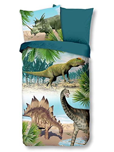 Soma Renforcé Pastell Kinder-Bettwäsche-Set 2 teilig Bettbezug 2tlg 135x200cm Kopfkissenbezug 80x80cm (Dino dunkel grün) von Soma