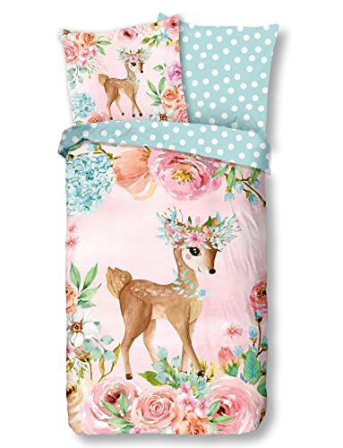 Soma Renforcé Pastell Kinder-Bettwäsche-Set 2 teilig Bettbezug 2tlg 135x200cm Kopfkissenbezug 80x80cm (REH rosa blau) von Soma