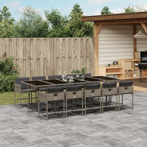 Somanki 11-TLG. Garten-Essgruppe mit Kissen Grau Poly Rattan, Esstisch Mit Stühlen Set, Gartenmöbel Sitzgruppe, Balkon Möbel, Gartenlounge Set, Terrassenmöbel, Balkonmöbel Set - 3211292 von Somanki