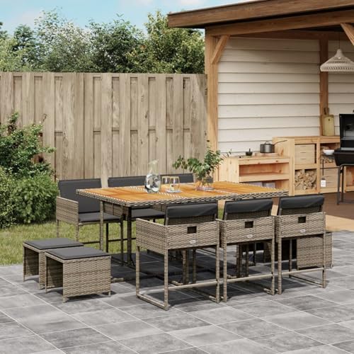 Somanki 11-TLG. Garten-Essgruppe mit Kissen Grau Poly Rattan, Esstisch Mit Stühlen Set, Gartenmöbel Sitzgruppe, Balkon Möbel, Gartenlounge Set, Terrassenmöbel, Balkonmöbel Set - 3211334 von Somanki
