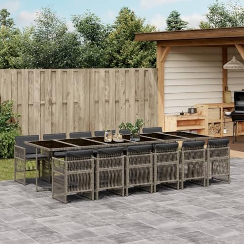 Somanki 13-TLG. Garten-Essgruppe mit Kissen Grau Poly Rattan, Esstisch Mit Stühlen Set, Gartenmöbel Sitzgruppe, Balkon Möbel, Gartenlounge Set, Terrassenmöbel, Balkonmöbel Set - 3210944 von Somanki