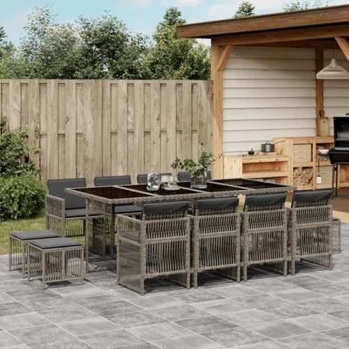 Somanki 13-TLG. Garten-Essgruppe mit Kissen Grau Poly Rattan, Esstisch Mit Stühlen Set, Gartenmöbel Sitzgruppe, Balkon Möbel, Gartenlounge Set, Terrassenmöbel, Balkonmöbel Set - 3210980 von Somanki
