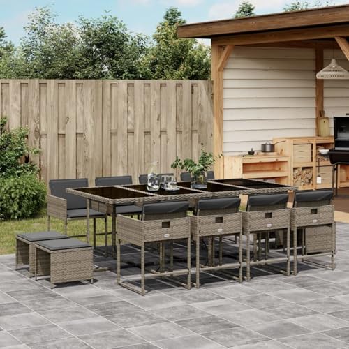 Somanki 13-TLG. Garten-Essgruppe mit Kissen Grau Poly Rattan, Esstisch Mit Stühlen Set, Gartenmöbel Sitzgruppe, Balkon Möbel, Gartenlounge Set, Terrassenmöbel, Balkonmöbel Set - 3211340 von Somanki