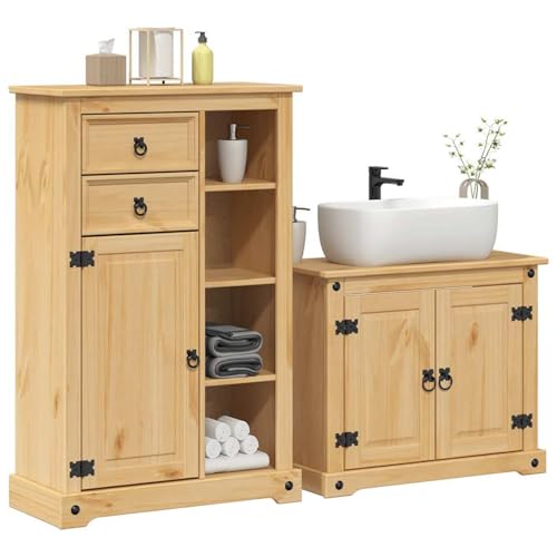 Somanki 2-teiliges Badmöbel-Set Corona Massivholz Kiefer, Badezimmermöbel Set, Badezimmerschrank, Badschrank, Bathroom Furniture Sets, Bad Möbel Modern Set, Badmöbel - 3334635 von Somanki