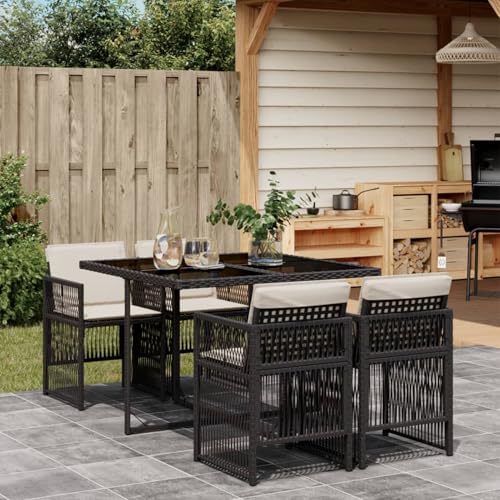 Somanki 5-TLG. Garten-Essgruppe mit Kissen Schwarz Poly Rattan, Esstisch Mit Stühlen Set, Gartenmöbel Sitzgruppe, Balkon Möbel, Gartenlounge Set, Terrassenmöbel, Balkonmöbel Set - 3210894 von Somanki