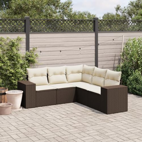 Somanki 5-TLG. Garten-Sofagarnitur mit Kissen Braun Poly Rattan, Balkonmöbel Set, Gartenmöbel Set, Gartenlounge Set, Terassenmöbel, Loungemöbel Terrasse - 3222552 von Somanki