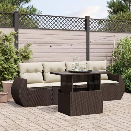 Somanki 5-TLG. Garten-Sofagarnitur mit Kissen Braun Poly Rattan, Balkonmöbel Set, Gartenmöbel Set, Gartenlounge Set, Terassenmöbel, Loungemöbel Terrasse - 3268363 von Somanki