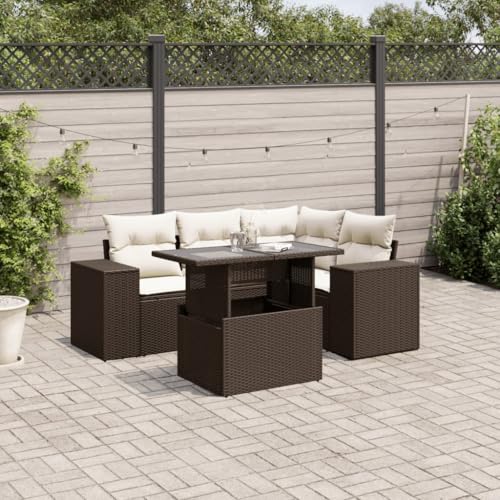 Somanki 5-TLG. Garten-Sofagarnitur mit Kissen Braun Poly Rattan, Balkonmöbel Set, Gartenmöbel Set, Gartenlounge Set, Terassenmöbel, Loungemöbel Terrasse - 3269143 von Somanki
