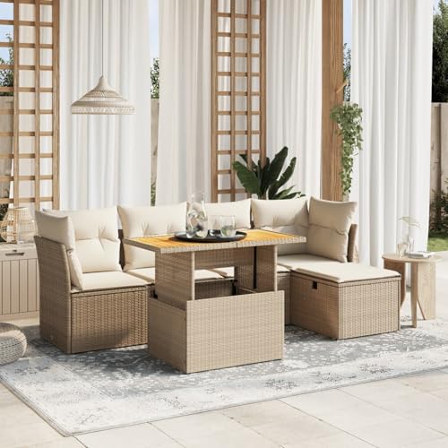 Somanki 6-TLG. Garten-Sofagarnitur mit Kissen Beige Poly Rattan, Balkonmöbel Set, Gartenmöbel Set, Gartenlounge Set, Terassenmöbel, Loungemöbel Terrasse - 3275466 von Somanki