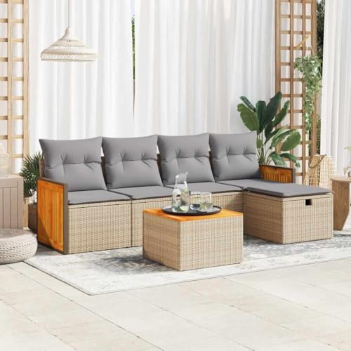 Somanki 6-TLG. Garten-Sofagarnitur mit Kissen Beige Poly Rattan, Balkonmöbel Set, Gartenmöbel Set, Gartenlounge Set, Terassenmöbel, Loungemöbel Terrasse - 3326021 von Somanki