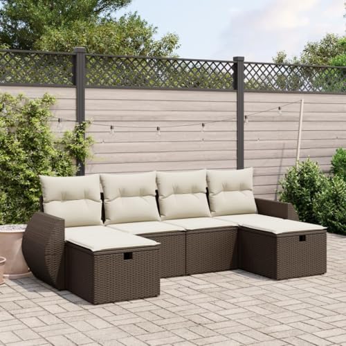 Somanki 6-TLG. Garten-Sofagarnitur mit Kissen Braun Poly Rattan, Balkonmöbel Set, Gartenmöbel Set, Gartenlounge Set, Terassenmöbel, Loungemöbel Terrasse - 3264169 von Somanki