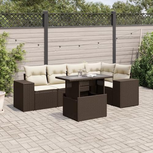 Somanki 6-TLG. Garten-Sofagarnitur mit Kissen Braun Poly Rattan, Balkonmöbel Set, Gartenmöbel Set, Gartenlounge Set, Terassenmöbel, Loungemöbel Terrasse - 3269153 von Somanki