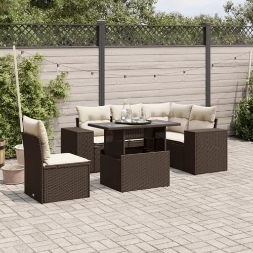 Somanki 6-TLG. Garten-Sofagarnitur mit Kissen Braun Poly Rattan, Balkonmöbel Set, Gartenmöbel Set, Gartenlounge Set, Terassenmöbel, Loungemöbel Terrasse - 3269173 von Somanki