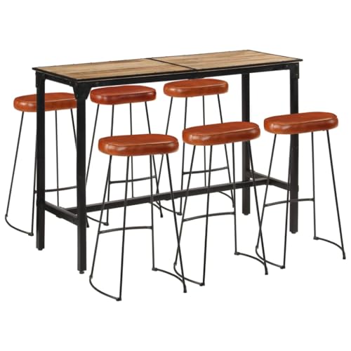 Somanki 7-TLG. Bar-Set Raues Mangoholz und Metall, Bartisch Mit Barhocker Set, Hochtisch Mit Stühlen Set, Esstisch Mit Stühlen, Küchentheke Mit Hocker - 3216412 von Somanki