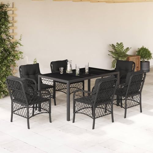 Somanki 7-TLG. Garten-Essgruppe mit Kissen Schwarz Poly Rattan, Esstisch Mit Stühlen Set, Gartenmöbel Sitzgruppe, Balkon Möbel, Gartenlounge Set, Terrassenmöbel, Balkonmöbel Set - 3212027 von Somanki