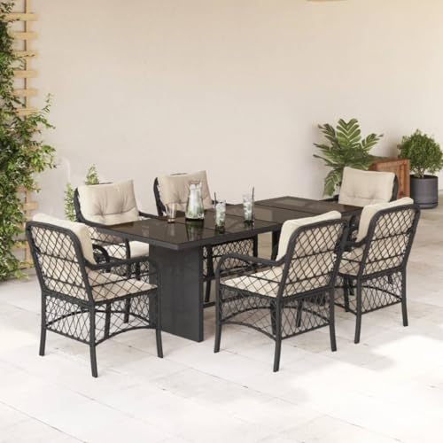 Somanki 7-TLG. Garten-Essgruppe mit Kissen Schwarz Poly Rattan, Esstisch Mit Stühlen Set, Gartenmöbel Sitzgruppe, Balkon Möbel, Gartenlounge Set, Terrassenmöbel, Balkonmöbel Set - 3212054 von Somanki
