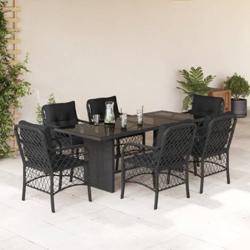 Somanki 7-TLG. Garten-Essgruppe mit Kissen Schwarz Poly Rattan, Esstisch Mit Stühlen Set, Gartenmöbel Sitzgruppe, Balkon Möbel, Gartenlounge Set, Terrassenmöbel, Balkonmöbel Set - 3212056 von Somanki