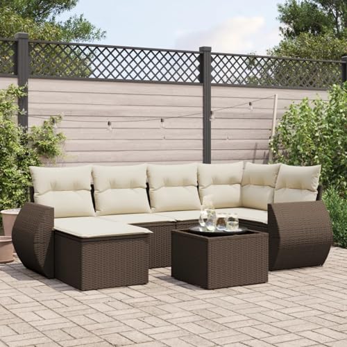Somanki 7-TLG. Garten-Sofagarnitur mit Kissen Braun Poly Rattan, Balkonmöbel Set, Gartenmöbel Set, Gartenlounge Set, Terassenmöbel, Loungemöbel Terrasse - 3221672 von Somanki