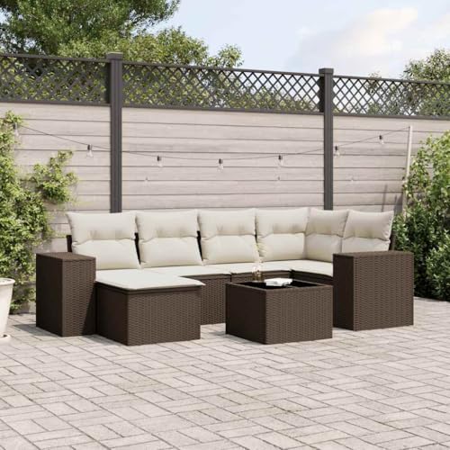Somanki 7-TLG. Garten-Sofagarnitur mit Kissen Braun Poly Rattan, Balkonmöbel Set, Gartenmöbel Set, Gartenlounge Set, Terassenmöbel, Loungemöbel Terrasse - 3222872 von Somanki