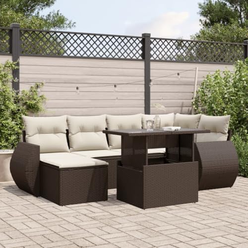 Somanki 7-TLG. Garten-Sofagarnitur mit Kissen Braun Poly Rattan, Balkonmöbel Set, Gartenmöbel Set, Gartenlounge Set, Terassenmöbel, Loungemöbel Terrasse - 3268683 von Somanki