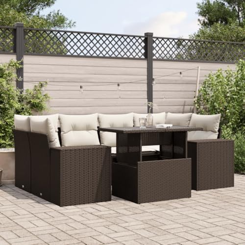 Somanki 7-TLG. Garten-Sofagarnitur mit Kissen Braun Poly Rattan, Balkonmöbel Set, Gartenmöbel Set, Gartenlounge Set, Terassenmöbel, Loungemöbel Terrasse - 3269023 von Somanki