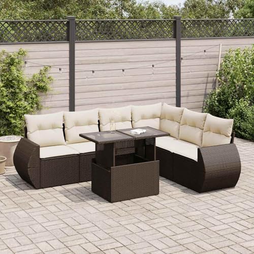 Somanki 7-TLG. Garten-Sofagarnitur mit Kissen Braun Poly Rattan, Balkonmöbel Set, Gartenmöbel Set, Gartenlounge Set, Terassenmöbel, Loungemöbel Terrasse - 3326654 von Somanki