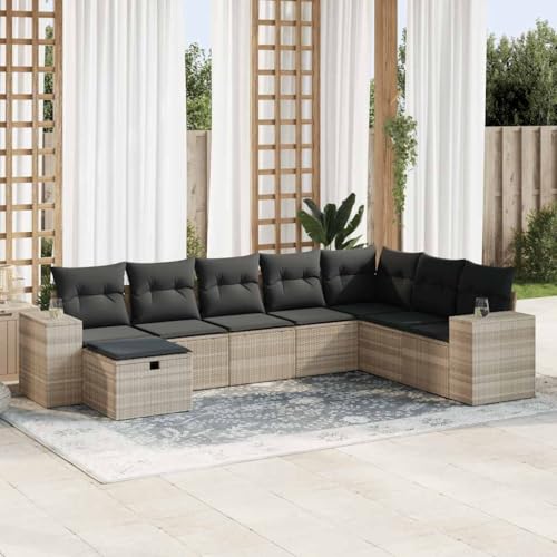 Somanki 8-TLG. Garten-Sofagarnitur mit Kissen Hellgrau Poly Rattan, Balkonmöbel Set, Gartenmöbel Set, Gartenlounge Set, Terassenmöbel, Loungemöbel Terrasse - 3325738 von Somanki