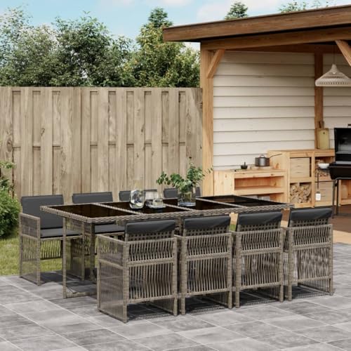 Somanki 9-TLG. Garten-Essgruppe mit Kissen Grau Poly Rattan, Esstisch Mit Stühlen Set, Gartenmöbel Sitzgruppe, Balkon Möbel, Gartenlounge Set, Terrassenmöbel, Balkonmöbel Set - 3210920 von Somanki