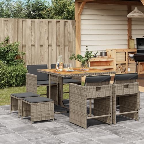 Somanki 9-TLG. Garten-Essgruppe mit Kissen Grau Poly Rattan, Esstisch Mit Stühlen Set, Gartenmöbel Sitzgruppe, Balkon Möbel, Gartenlounge Set, Terrassenmöbel, Balkonmöbel Set - 3211142 von Somanki