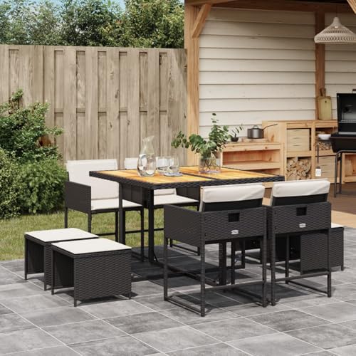 Somanki 9-TLG. Garten-Essgruppe mit Kissen Schwarz Poly Rattan, Esstisch Mit Stühlen Set, Gartenmöbel Sitzgruppe, Balkon Möbel, Gartenlounge Set, Terrassenmöbel, Balkonmöbel Set - 3211323 von Somanki