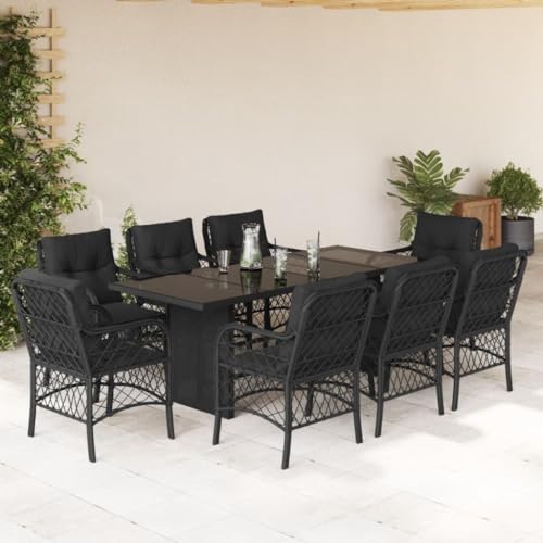 Somanki 9-TLG. Garten-Essgruppe mit Kissen Schwarz Poly Rattan, Esstisch Mit Stühlen Set, Gartenmöbel Sitzgruppe, Balkon Möbel, Gartenlounge Set, Terrassenmöbel, Balkonmöbel Set - 3212057 von Somanki