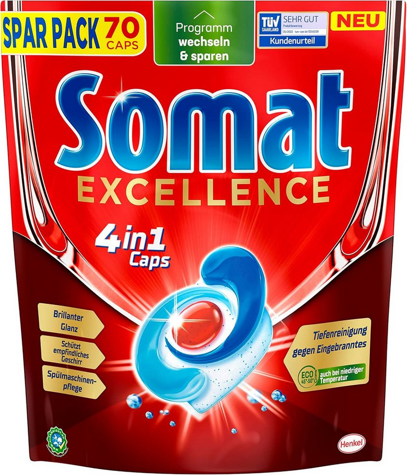 Somat 1x Somat Excellence 4in1 Caps (70 Caps), Spülmaschinentabs Spülmaschinentabs (1-St. sogar im Eco-Programm & bei niedrigen Temperaturen) von Somat