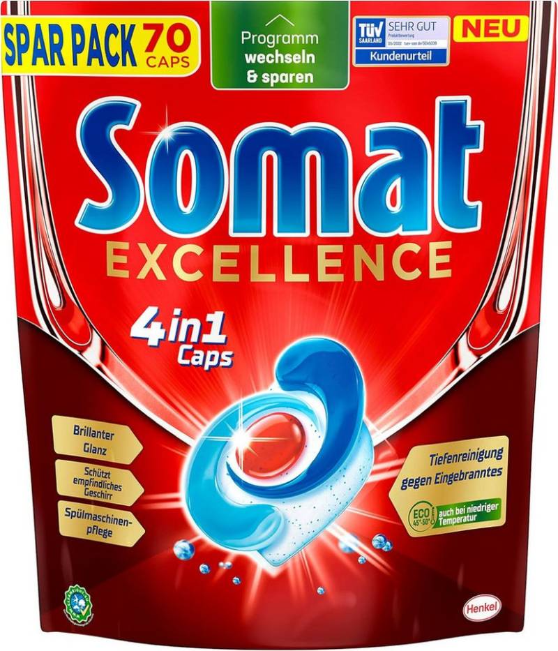 Somat 1x Somat Excellence 4in1 Caps (70 Caps), Spülmaschinentabs Spülmaschinentabs (1-St. sogar im Eco-Programm & bei niedrigen Temperaturen) von Somat