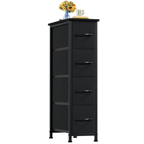 Somdot Kommode Schwarz mit 4 Schubladen aus Stoff, Sideboard mit Holzplatte, Schrank Schmal für Wohnzimmer Flur, Komodenschrank, Küchenschrank, Schlafzimmerschrank, Aufbewahrungsschrank von Somdot