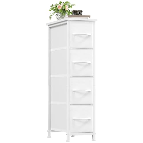 Somdot Kommode Weiß mit 4 Schubladen aus Stoff, Sideboard mit Holzplatte, Schrank Schmal für Wohnzimmer Flur, Komodenschrank, Küchenschrank, Schlafzimmerschrank von Somdot