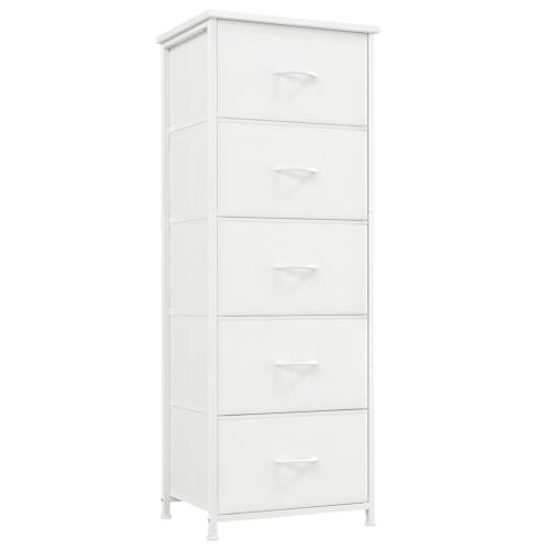 Somdot Kommode Weiß mit 5 Schubladen aus Stoff, Sideboard mit Holzplatte, Schrank für Wohnzimmer Kinderzimmer Flur, Komodenschrank, Küchenschrank, Schlafzimmerschrank von Somdot