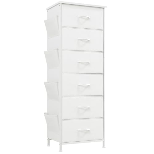 Somdot Kommode Weiß mit Seitentaschen, Sideboard mit 6 Schubladen aus Stoff, Schrank für Wohnzimmer Flur, Komodenschrank, Küchenschrank, Kleiderschrank, Schlafzimmerschrank von Somdot