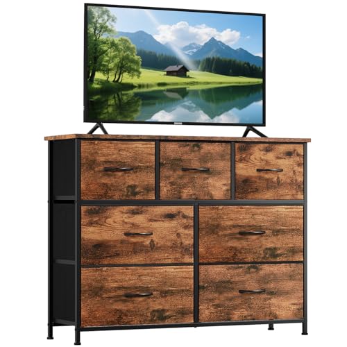 Somdot Kommode mit 7 Schubladen aus Stoff, Sideboard mit Holzplatte, Schrank für Wohnzimmer Kinderzimmer Flur, Komodenschrank, Küchenschrank, Schlafzimmerschrank, Holzmaserung von Somdot