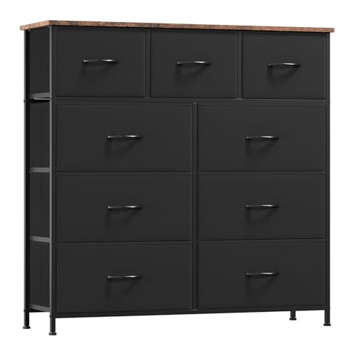 Somdot Kommode mit 9 Schubladen aus Stoff, Sideboard mit Holzplatte, Schrank für Wohnzimmer Kinderzimmer Flur, Komodenschrank, Küchenschrank, Schlafzimmerschrank, Rustikales Braun von Somdot