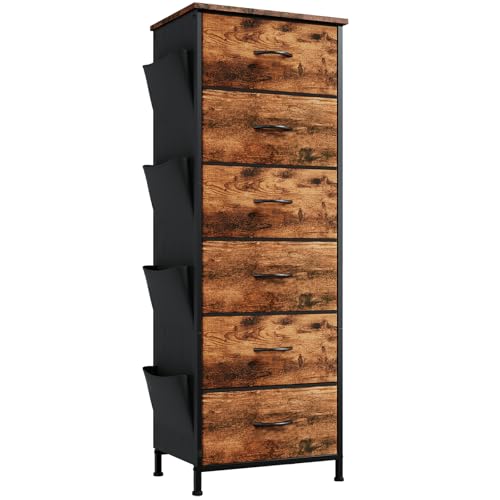 Somdot Kommode mit Seitentaschen, Sideboard mit 6 Schubladen aus Stoff, Schrank für Wohnzimmer Flur, Komodenschrank, Küchenschrank, Kleiderschrank, Schlafzimmerschrank, Holzmaserung von Somdot