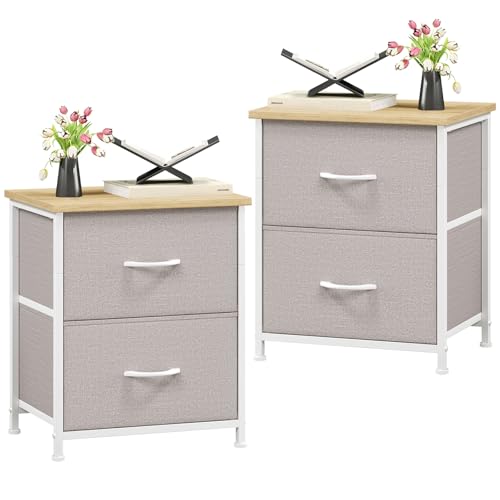 Somdot Nachttisch 2er Set, Beistelltisch mit 2 Schubladen aus Stoff, Nachtschrank mit Metallrahmen, Nachtkästchen, Kleiner Schrank für Schlafzimmer Kinderzimmer Wohnzimmer, Aschgrau von Somdot