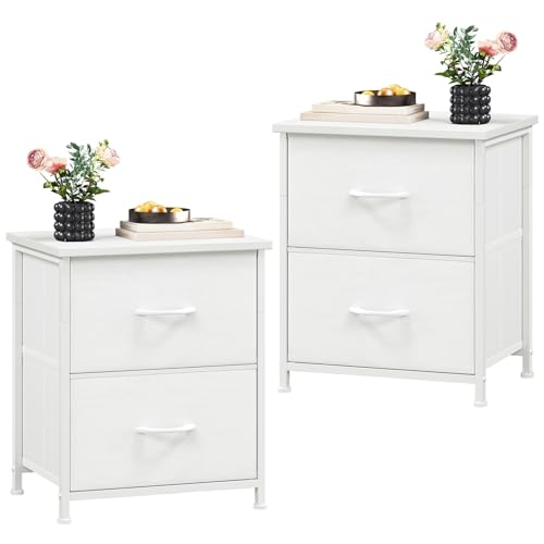 Somdot Nachttisch 2er Set, Beistelltisch mit 2 Schubladen aus Stoff, Nachtschrank mit Metallrahmen, Nachtkästchen, Kleiner Schrank für Schlafzimmer Wohnzimmer Kinderzimmer, Weißes Leder von Somdot