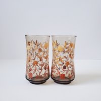 Vintage 1970Er Jahre Libbey Blumen Rauchglasbecher, Boho Saftgläser, Mcm Barware, Retro Saftglaswaren von SomeLikeItRetroCo