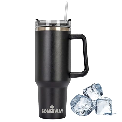 Somerway 1182ml 40oz Kaffeebecher to Go, Doppelwandiger Edelstahl Vakuum Isolierbecher mit Griff und Stroh, Tragbare Autobecher Becher Tumbler Thermobecher Kaffeetasse für Heißer und Kalter Getränke von Somerway