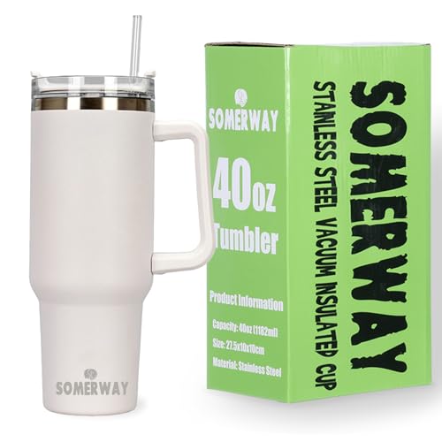 Reisebecher mit Strohhalm und Deckel, aus Edelstahl, doppelwandiger, vakuumisolierter Kaffeebecher für heißen und kalten Kaffee, Reisebecher mit Griff, Kaffeebecher für unterwegs, 1182 ml, Farbe Weiß von Somerway