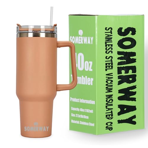 Somerway 1182ml 40oz Kaffeebecher to Go, Doppelwandiger Edelstahl Vakuum Isolierbecher mit Griff und Stroh, Tragbare Autobecher Becher Tumbler Thermobecher Kaffeetasse für Heißer und Kalter Getränke von Somerway