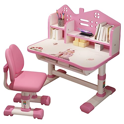 Kids Table and Chair Set, Height Adjustable Childrens Study Table and Chair Set with Astronaut Pattern,Desk Chair with Large Writing Board,Bookshelf and Drawer for Boys Girls (Pink) von Somerway