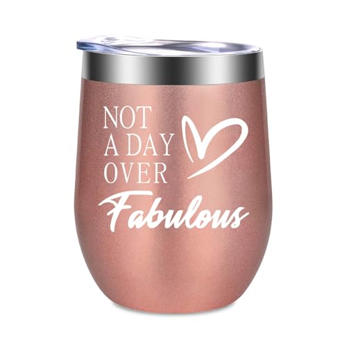 Somerway Geburtstag Geschenke für Frauen Freundin, 350ml(12oz) Thermobecher Kaffee to Go, Not a Day over Fabulous Edelstahl Weinbecher mit Deckel, Vakuumisolierte Weingläser ohne Stiel (Roségold) von Somerway